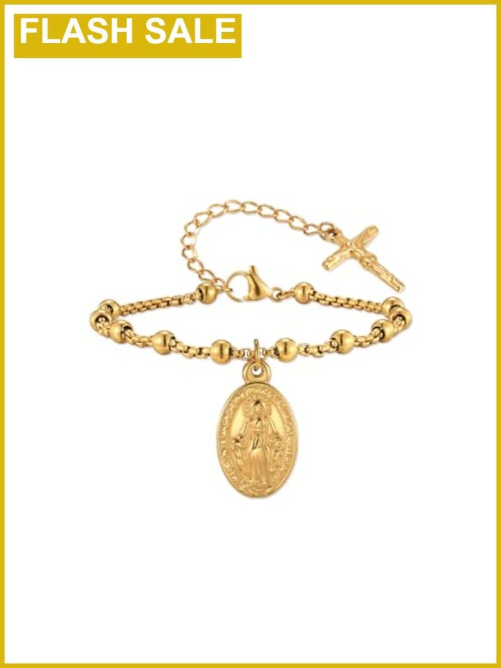 14K Gold Plated Stainless Steel Rosary Bracelet Link Chain Catholic